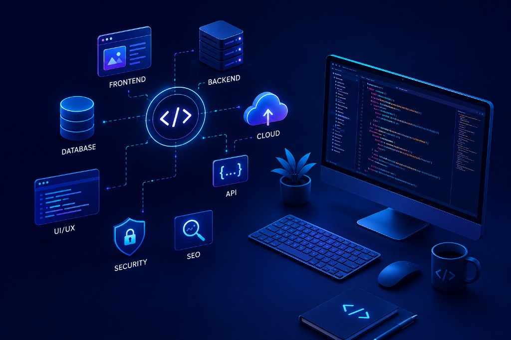 A workspace with a monitor, keyboard, and connected labels for frontend, backend, database, cloud, API, UI/UX, security, and SEO.